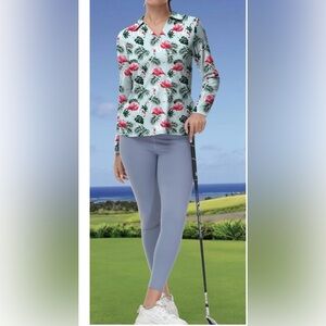 Large Golf Polo Shirt Long Sleeve Workout Top VNeck UPF 50+ Sun Protection